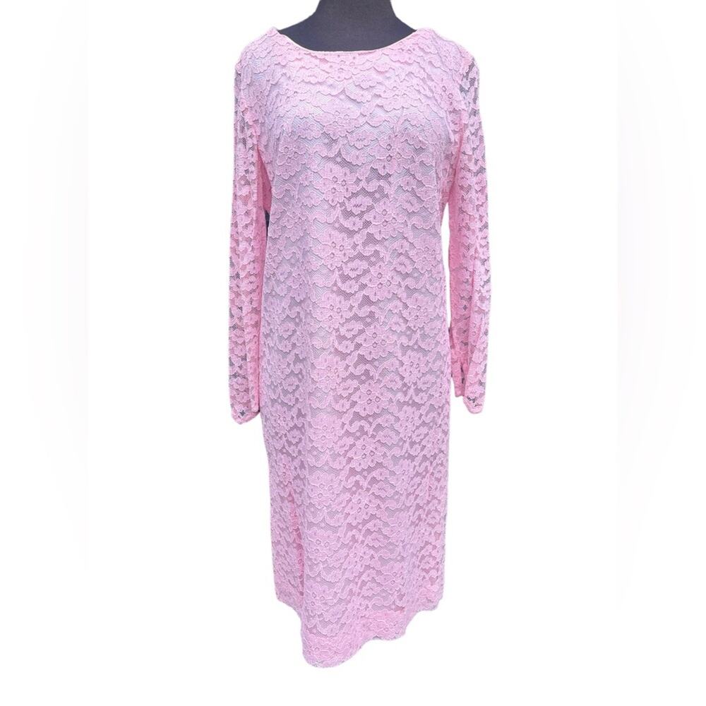 Vtg Baby Pink Floral Lace Sleeve Modest Sheer Feminine Coquette Sheath Dress M